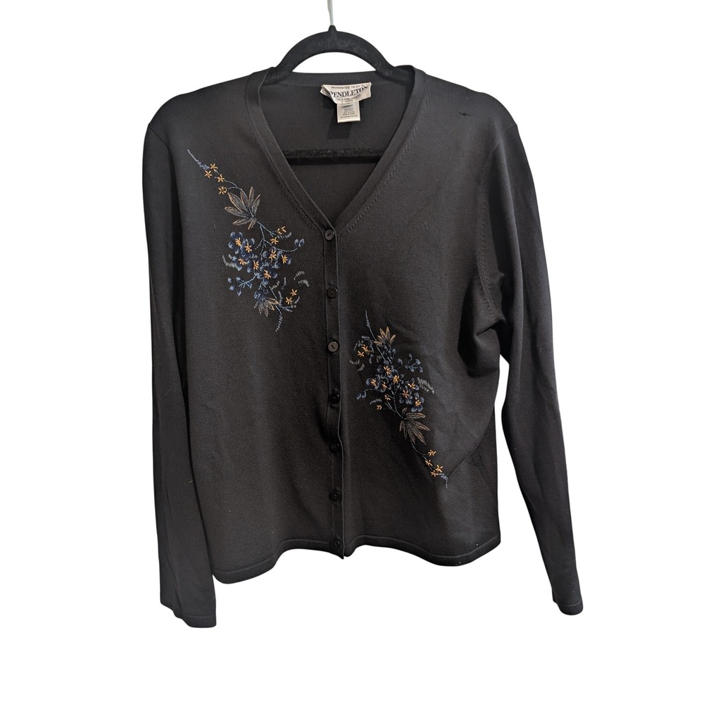 Pendleton Cardigan Sweater Womensâ Petite M Black Silk Blend Floral Embroidered